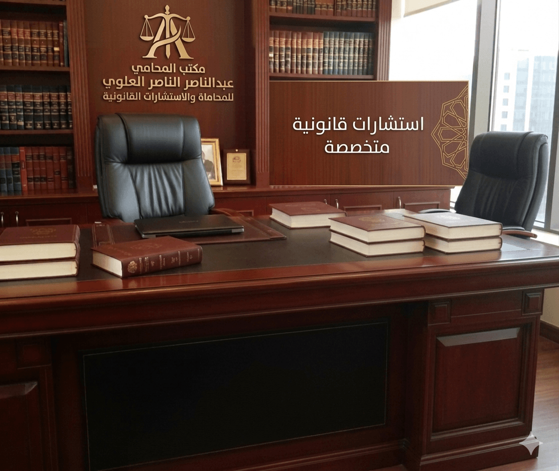 مكتب المحامي عبدالناصر الناصر العلوي للمحاماة يظهر مكتباً خشبياً فخماً وكتباً قانونية واستشارات متخصصة.
